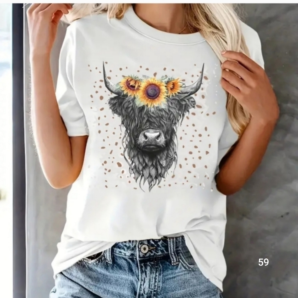 NEW!! Cow Head Print T-Shirt, Short Sleeve Crew Neck Casual Top